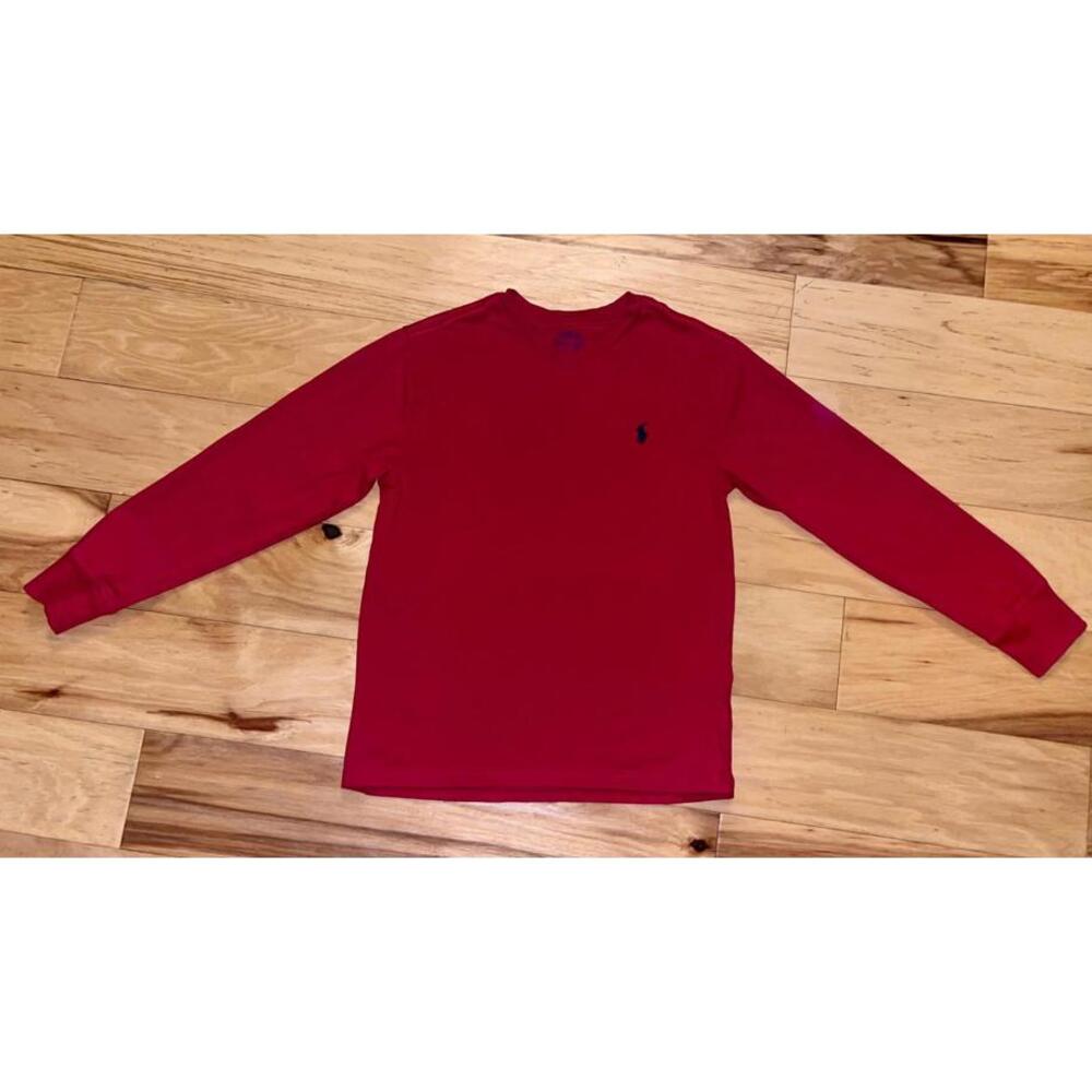 RALPH LAUREN BOYS RED L/S V-NECK TEE SHIRT SIZE 10-12 EXCELLENT COND LD9